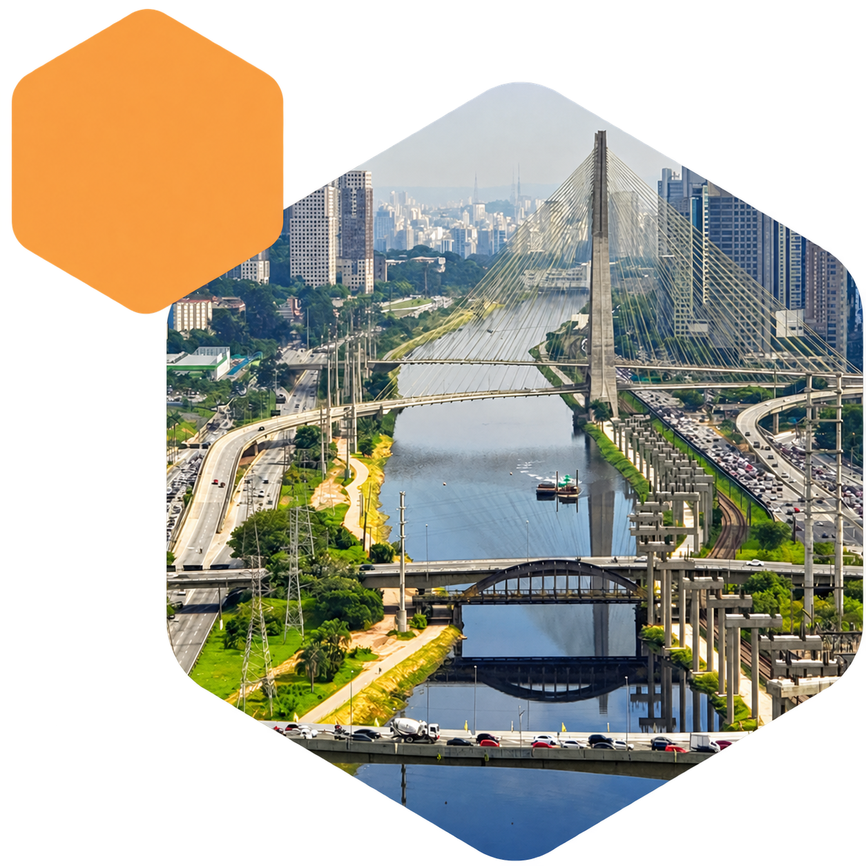 Vista de São Paulo, em recorte hexagonal da identidade CSC